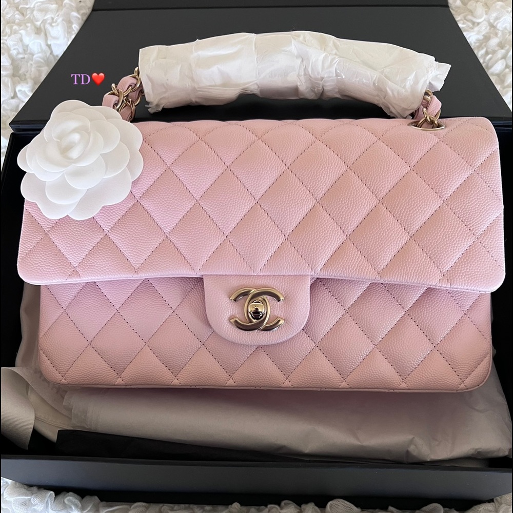 🎁 CHANEL Classic Double classic flap 22S rose Clair light pink ( Caviar)